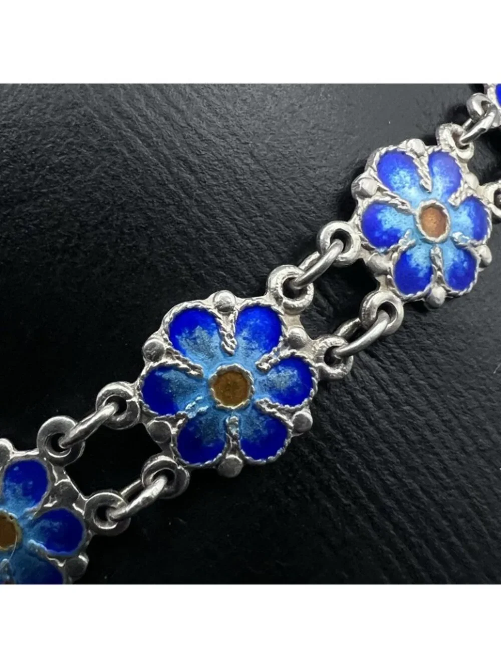Vintage Sterling Silver Blue Enamel Forget-Me-Not Panel Link Bracelet 7.5